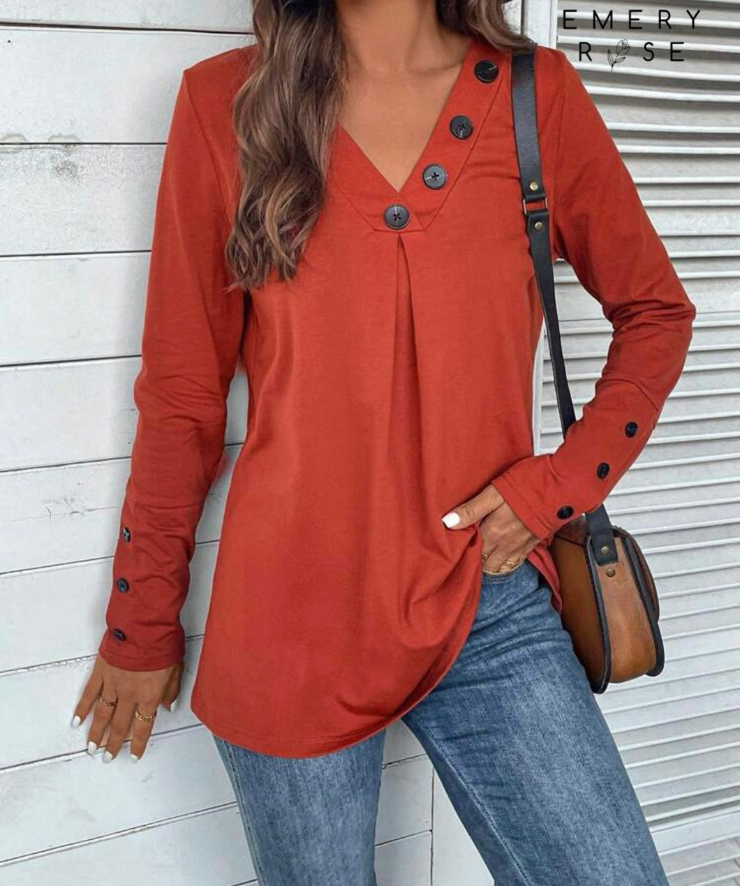 Rust LS Decorated Button V-Neck Top