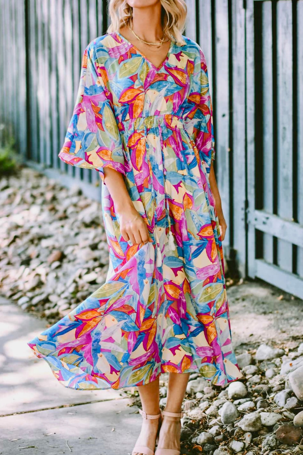 Multicolor Abstract Print High Waist V Neck Maxi Dress