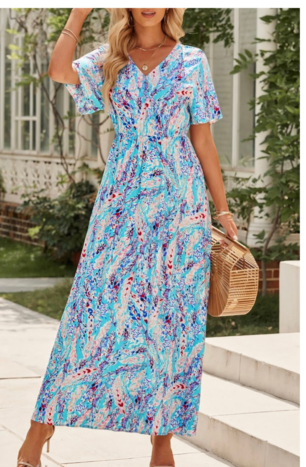 V Neck Bohemian Multi-Print Blue Maxi Dress