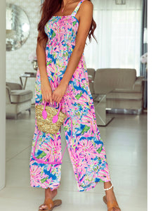 Pink Abstract Floral Painting Smocked Wide Leg Jumpsuit