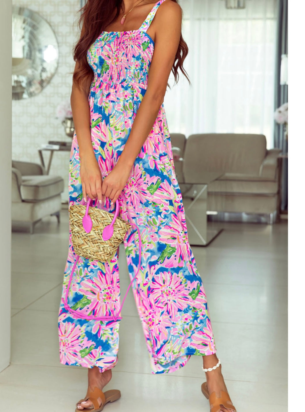 Pink Abstract Floral Painting Smocked Wide Leg Jumpsuit