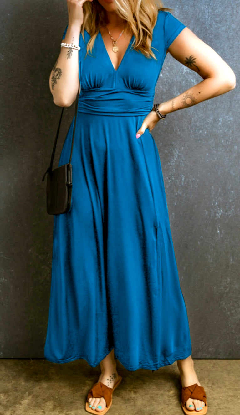 Peacock Blue Short Sleeve Shirred High Waist Maxi Dress