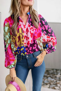 Rose leopard color block printed crinkle blouse