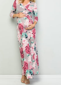 Maternity Mauve Kendall Floral Surplice Maxi Dress