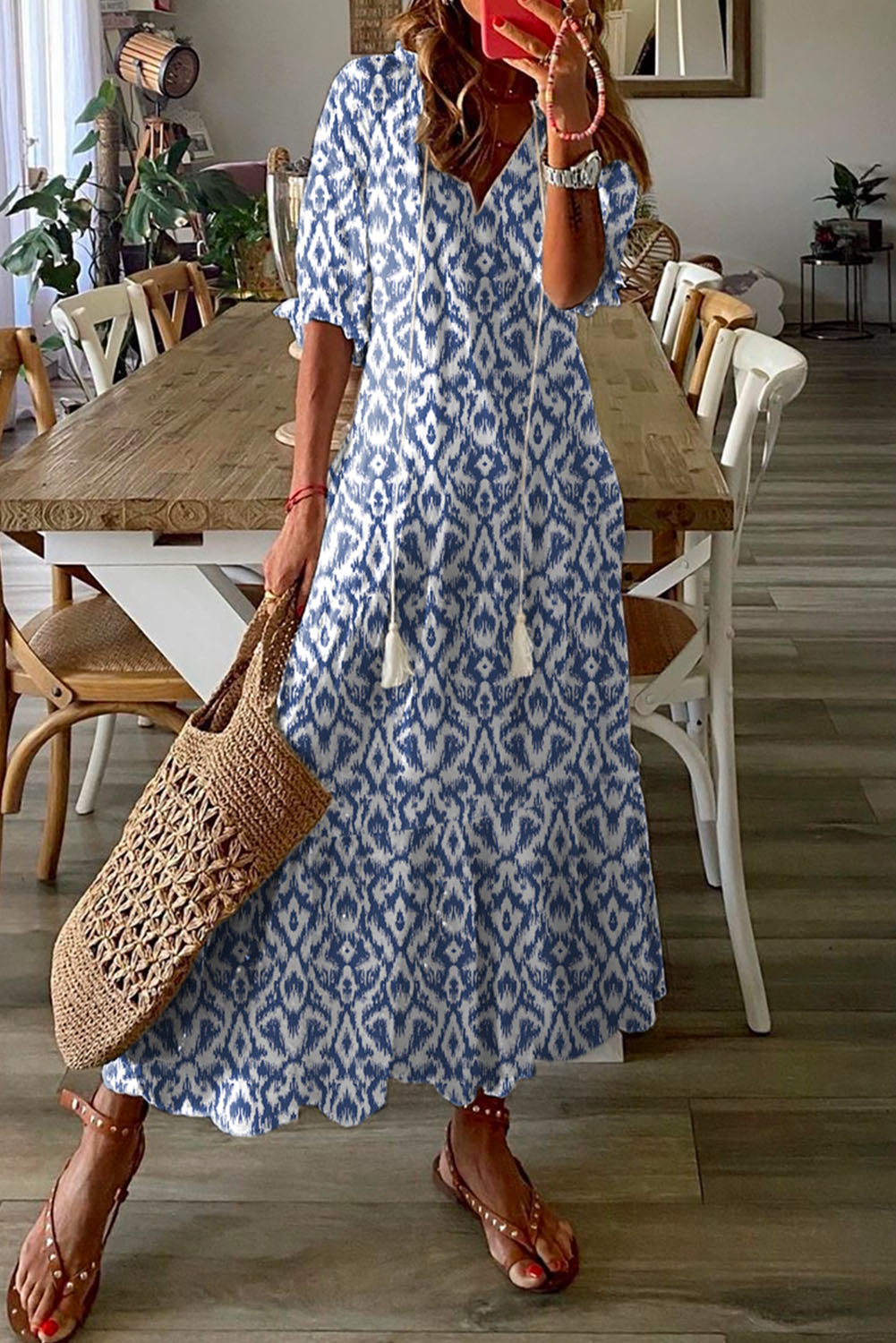 Royal Blue/White V Neck Casual Geometric Print Dress