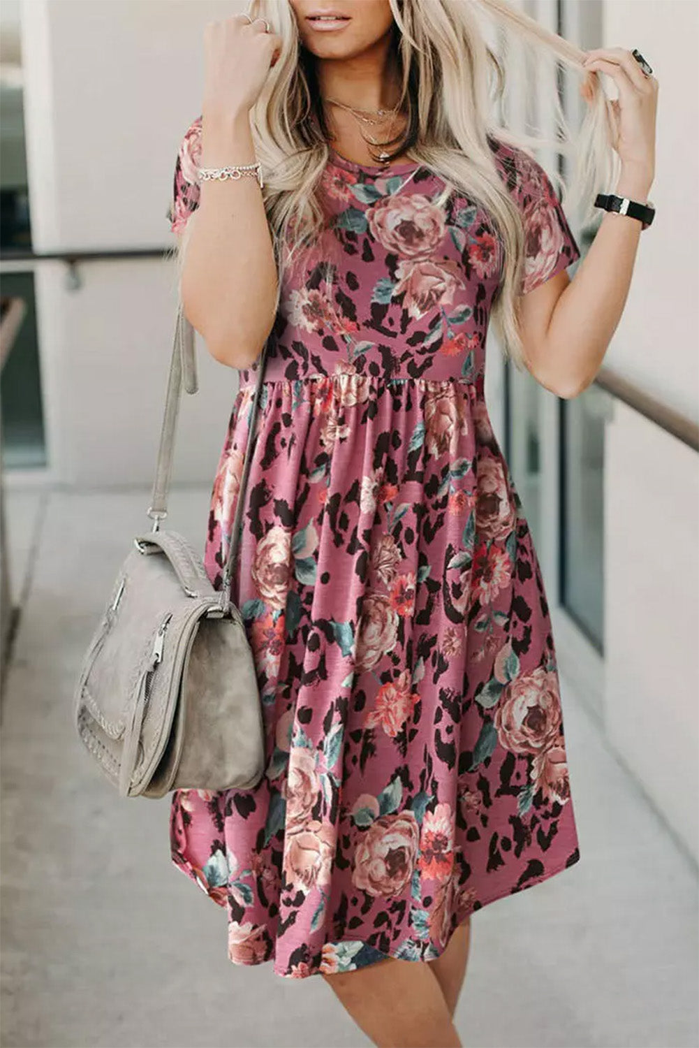Mauve Leopard & Floral Short Sleeve A-Line Dress