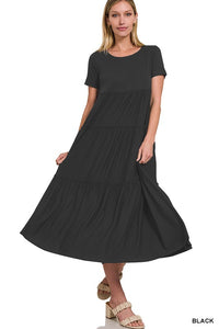 BLACK SHORT SLEEVE TIERED MIDI DRESS