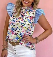 Striped Patchwork Floral Printed Cap Sleeve Blouse