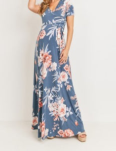 Blue Floral SS Wrap Maternity Nursing Maxi Dress