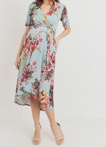 Maternity/Nursing High Low Floral Teal Midi Dress
