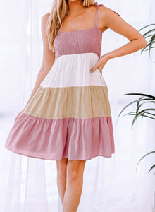 Smocked Pink Color Block Mini Halter Dress