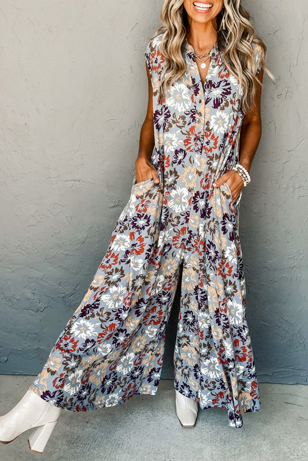 Floral Sleeveless Buttoned Pocketed Wide Leg Jumpsuit