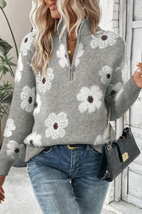 Floral Pattern Drop Shoulder Half Zip Sweater