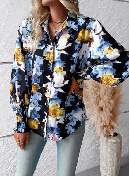 Navy Floral Button-Down Blouse