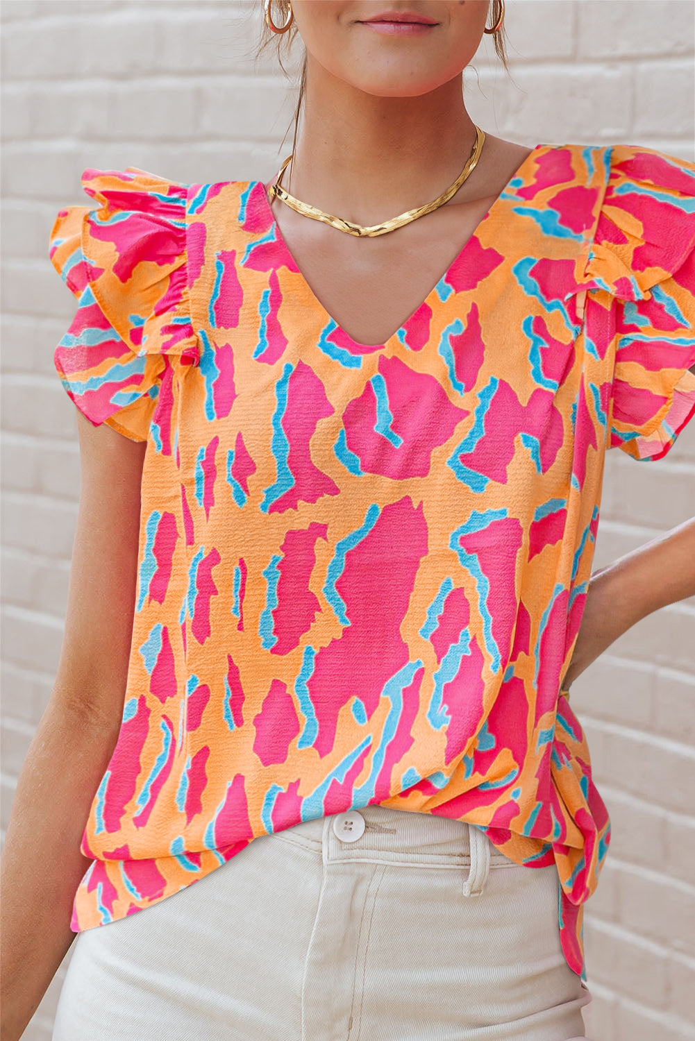 Abstract Print V Neck Ruffled Sleeve Blouse