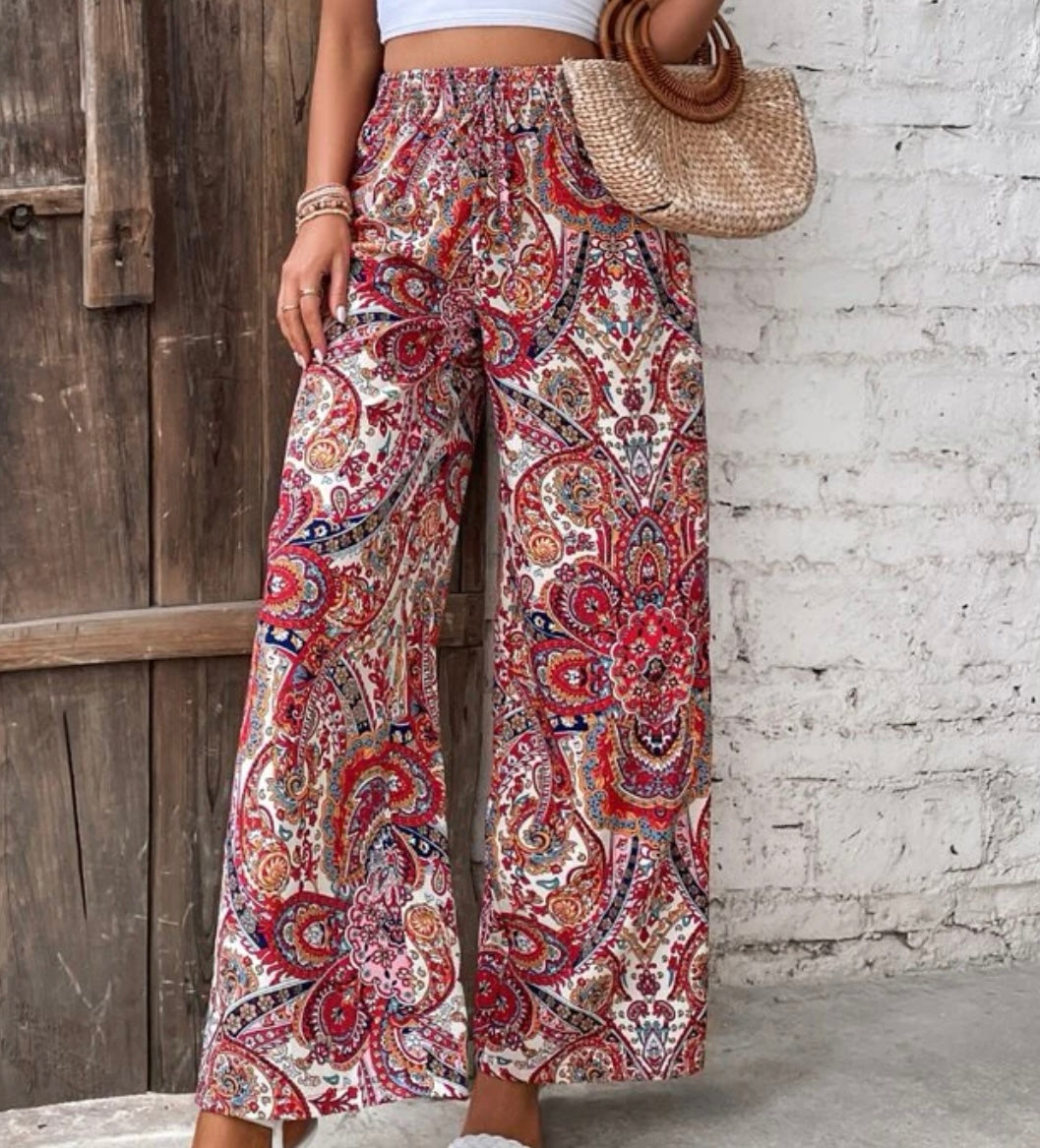 Red and Blue Paisley Print Wide Leg Pants