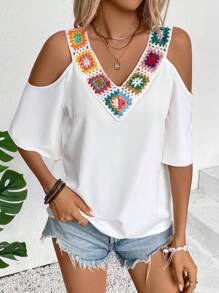 White Open Shoulder Bell Sleeve Blouse With V-Cut Crochet Trim