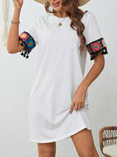 Load image into Gallery viewer, T-SHIRT DRESS WITH FLORAL FRINGE SLEEVE TRIM
