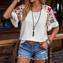 Summer Floral Print Round Neck Batwing SS With Fringe Hem