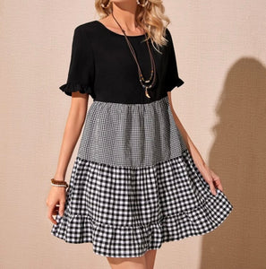 Black and Check Color Block Mini Dress