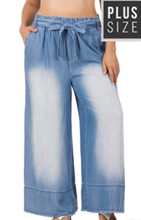 Load image into Gallery viewer, Plus Chambray Paperbag Tie Waist Wide Leg Pants
