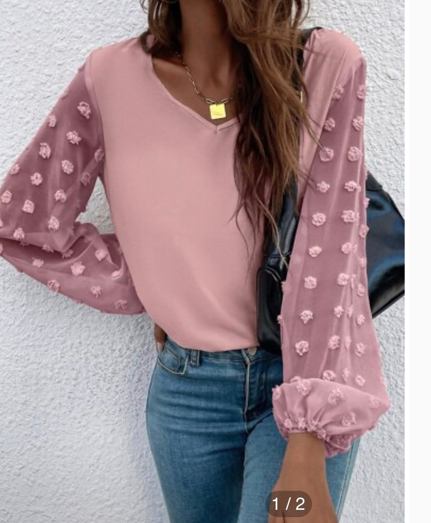 V Neck Swiss Dotted LS Blouse
