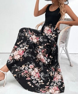 Black Scoop Neck Tank Top Floral Print Maxi Dress