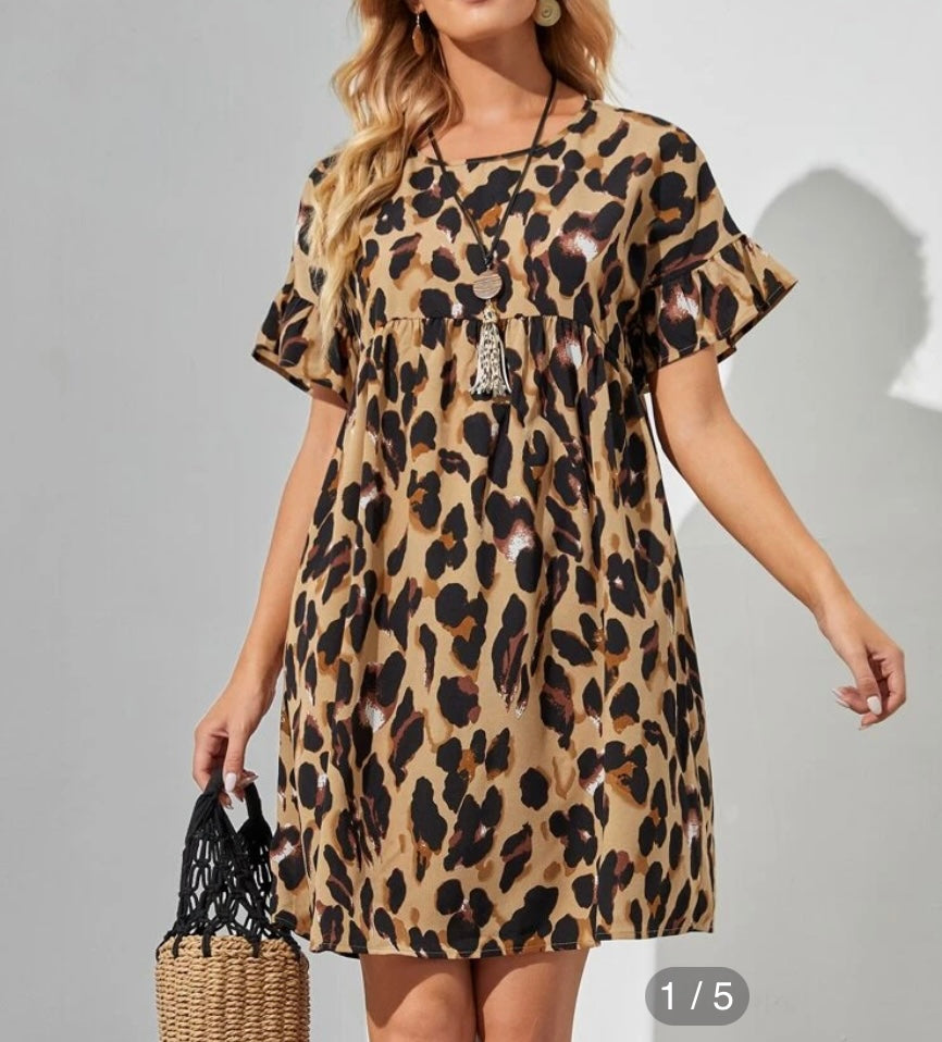 Leopard Print Babydoll Dress W/ Ruffle Sleeve