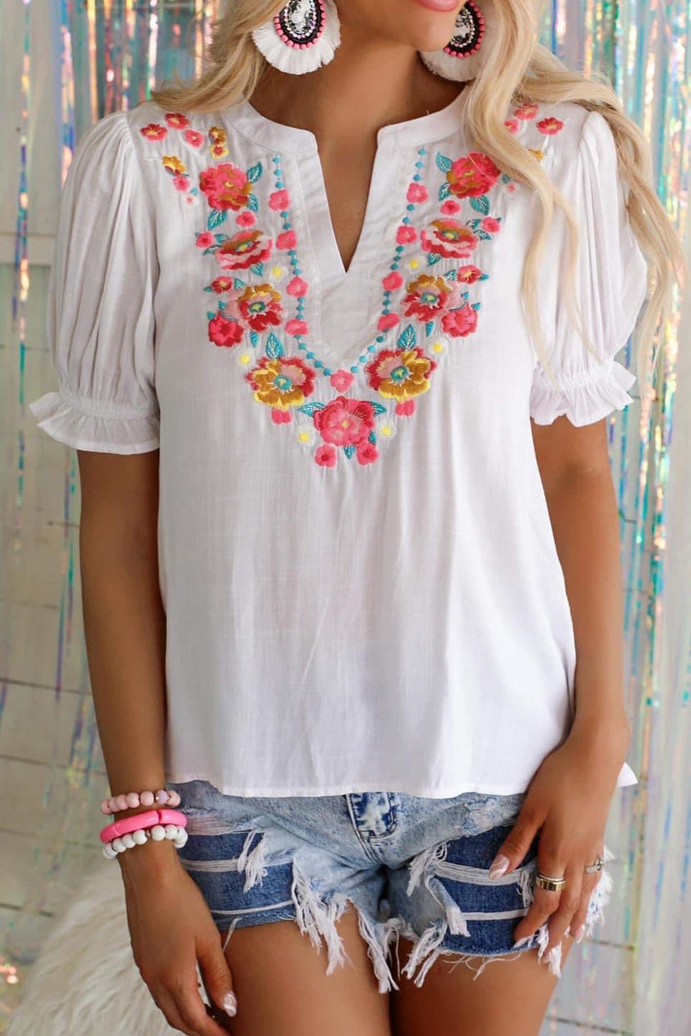 White Floral Embroidered Ruffled Sleeve Blouse