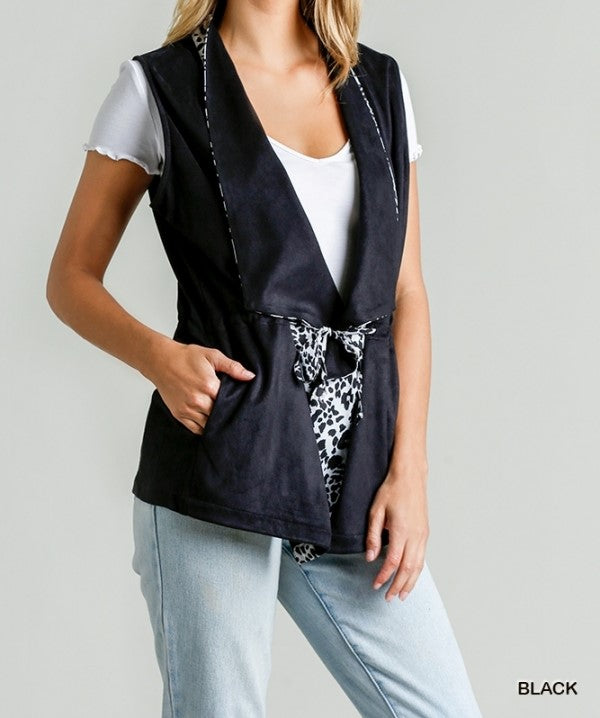 Animal Print Drape Vest with Pockets and Waist String Tie
