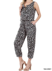 GREY LEOPARD PRINT SLEEVELESS JOGGER JUMPSUIT WITH POCKETS