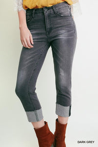 Dark Grey 5 Pocket Mid Rise Stretch Jean with Cropped Folded Hems
