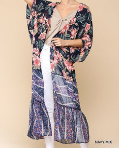 Floral Mixed Print Dolman Sleeve Long  Kimono