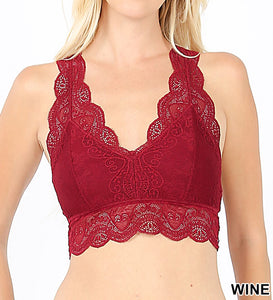 WINE PLUS STRETCH LACE HOURGLASS BACK BRALETTE REMOVABLE BRA PADS